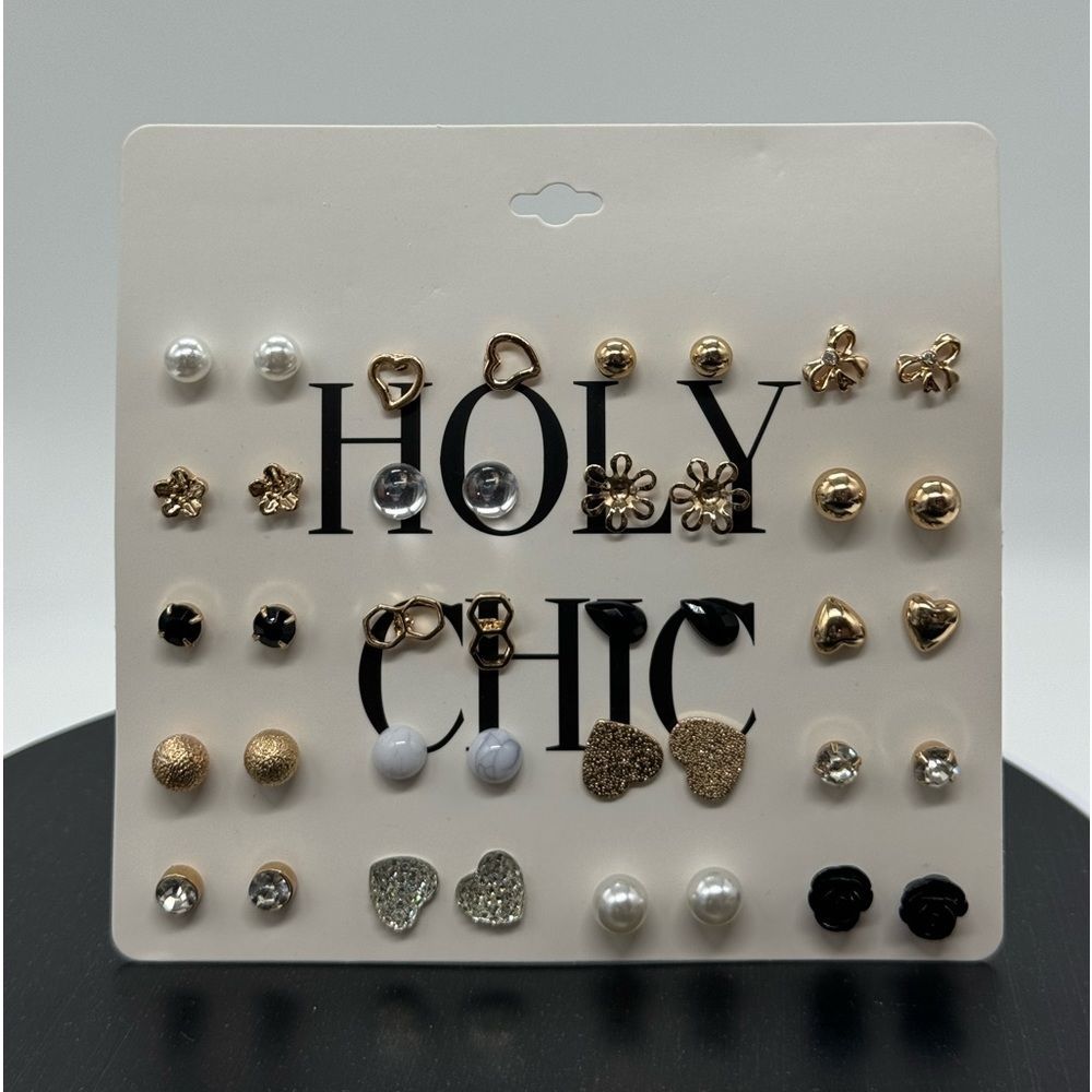Holy Chic 20 Pairs Assorted Post Earrings Gold Tone